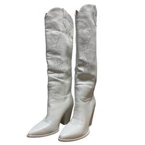 Isnom Womens Size 9 White Faux Leather 4" Heel Knee High Cowboy Western Boots
